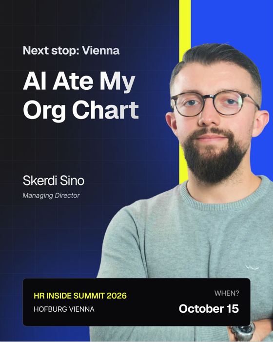 Skerdi Sino speaker card for the talk AI Ate My Org Chart at HR Inside Summit 2026, Hofburg Vienna, October 15